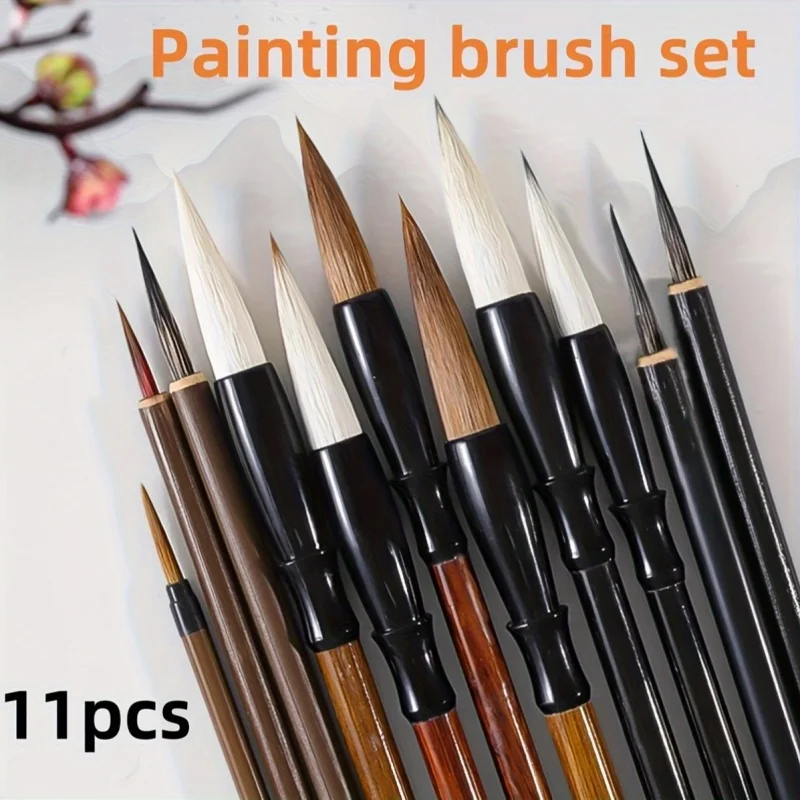11pcs,Painting brush set, with bamboo bag - high-quality watercolor and traditional calligraphy brushes, suitable for artists to