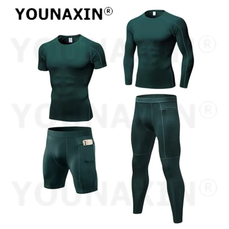 Dark Green Men's Zippered Pocket Fitness Pants Sports Leggings Quick-drying Compression T-shirts Training Shorts S M L XL 2XL