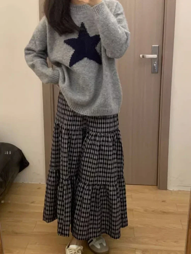 Deeptown Y2K Aesthetic Star Sweater Women Harajuku Vintage Gray Knitted Jumper Korean Retro Loose Warm Pullover Tops High Street