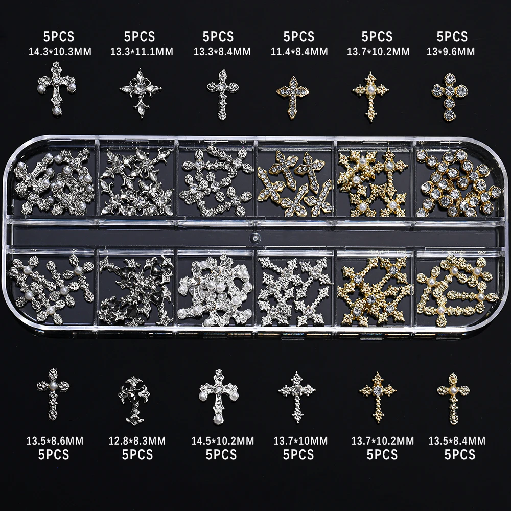60 pz 12 Griglia Chic Vintage Croce Nail Art Charms con Diamante y2k Stile Metallo Lega Croce Nail Oro Argento Croce Decorazioni per unghie