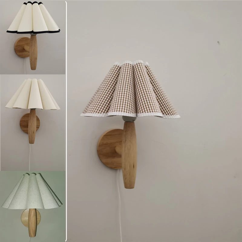 E26 E27 Wood Wall Lamp Petal Lamp With plug warm white 3000k Porch Corridor Balcony Nordic Style Ancient Pleated Lamp