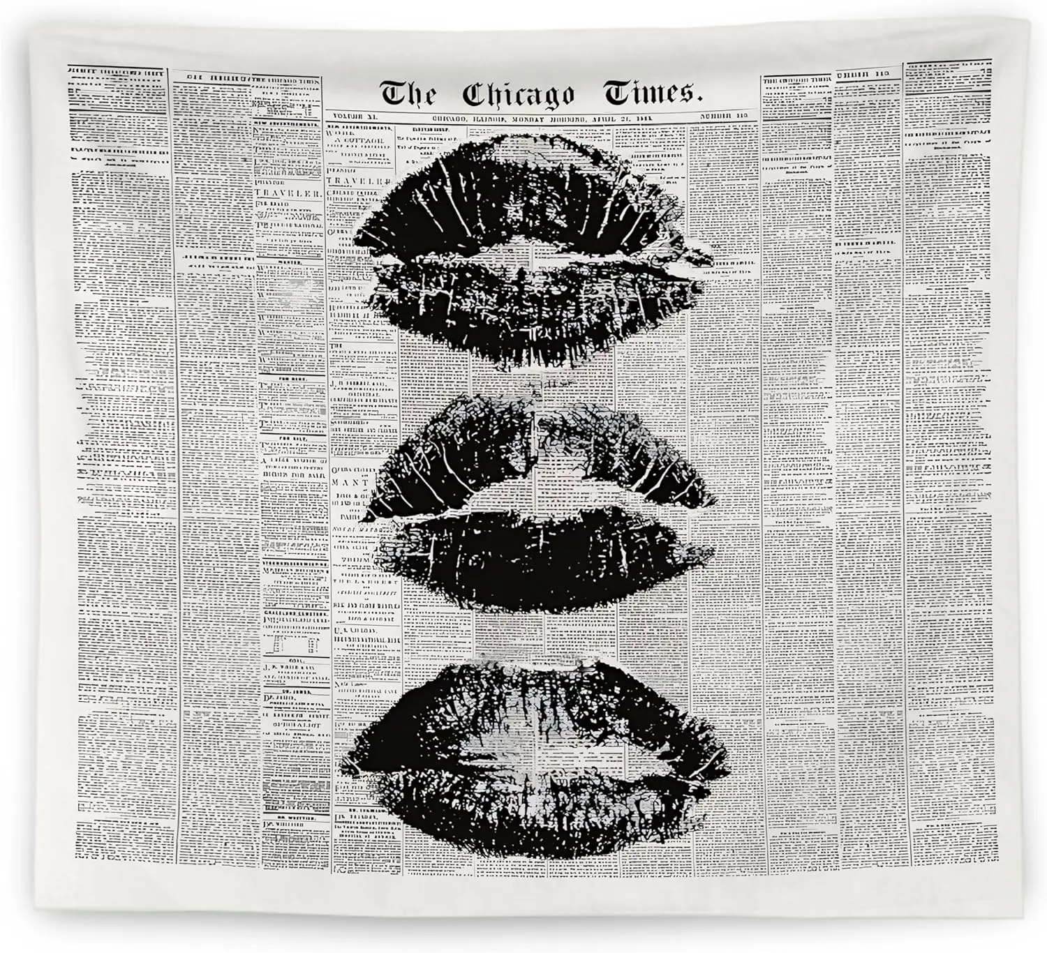 Vintage the Chicago Times Newspaper Tapestry Wall Hanging,Retro Chic Black and White Minimalist Kiss Lips Wall Blanket Decor for