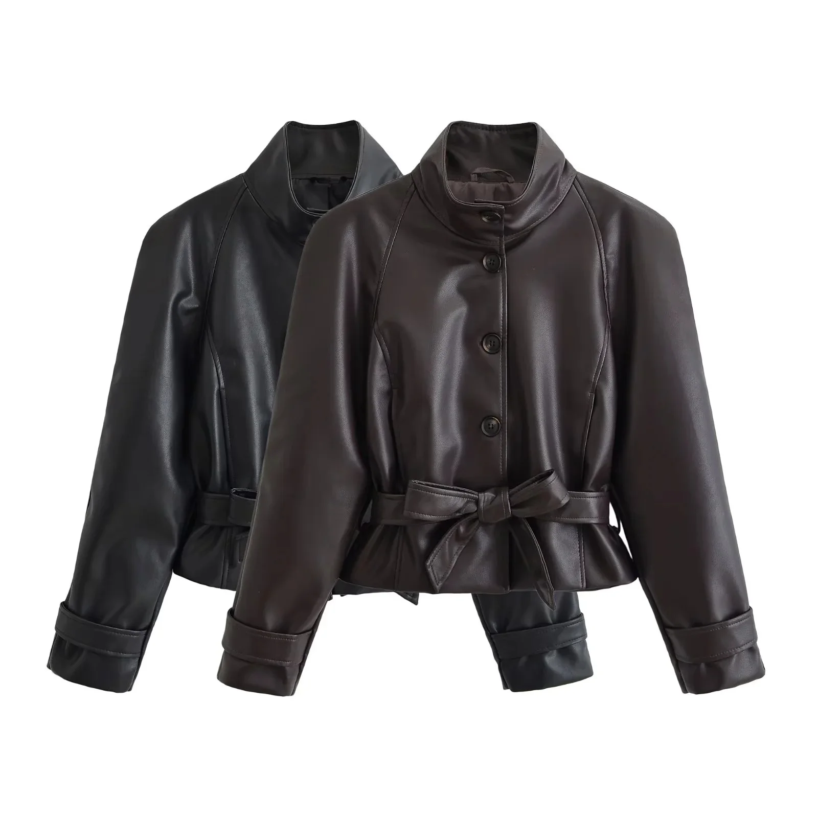 KONDALA Elegante Lässige Damen-Lederjacke mit Stehkragen, Einreihig, mit Gürtel, Modische Herbst-Winter-Urlaubsjacke 2026 – Detail 2