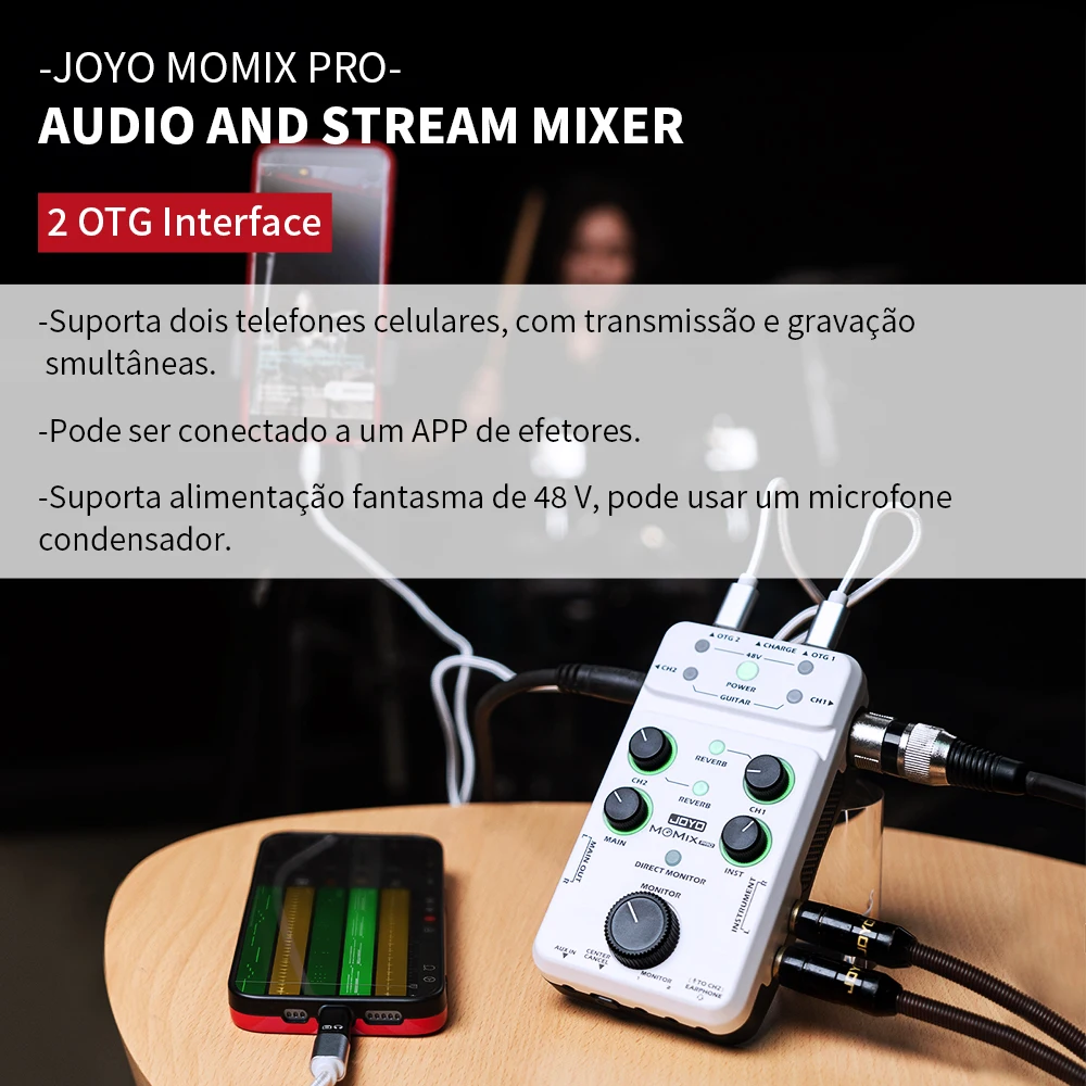 Joyo momix pro placa de som de guitarra 2 entrada estéreo misturador de áudio de sincronização de áudio para gravação e streaming ao vivo ao ar livre