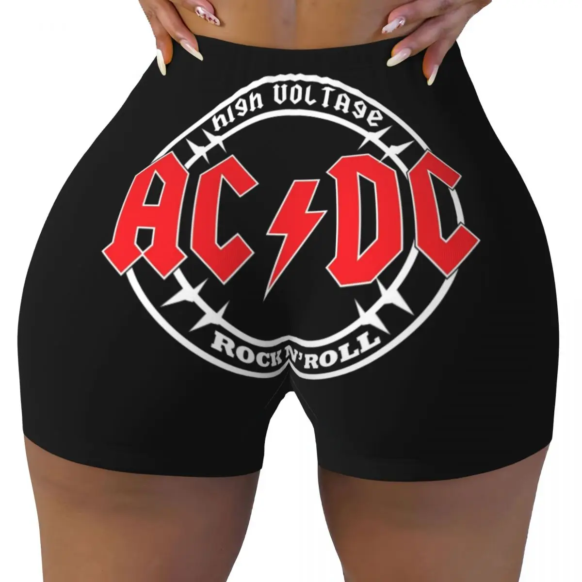 Custom High Voltage AC /DC Gym Running Volleyball Shorts for Women Heavy Metal Rock Workout Yoga Shorts