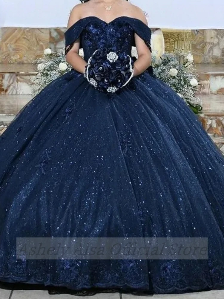 Vestidos De graduación personalizados para mujer, Vestido De fiesta De cumpleaños con manga De casquillo, Floral, falda De bola con cordones, Vestido De quinceañera, azul marino oscuro, 15, 16