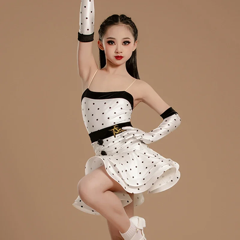Vestido de ponto branco luvas terno desempenho traje cha cha vestido de dança latina vestido de competição meninas roupas de dança latina