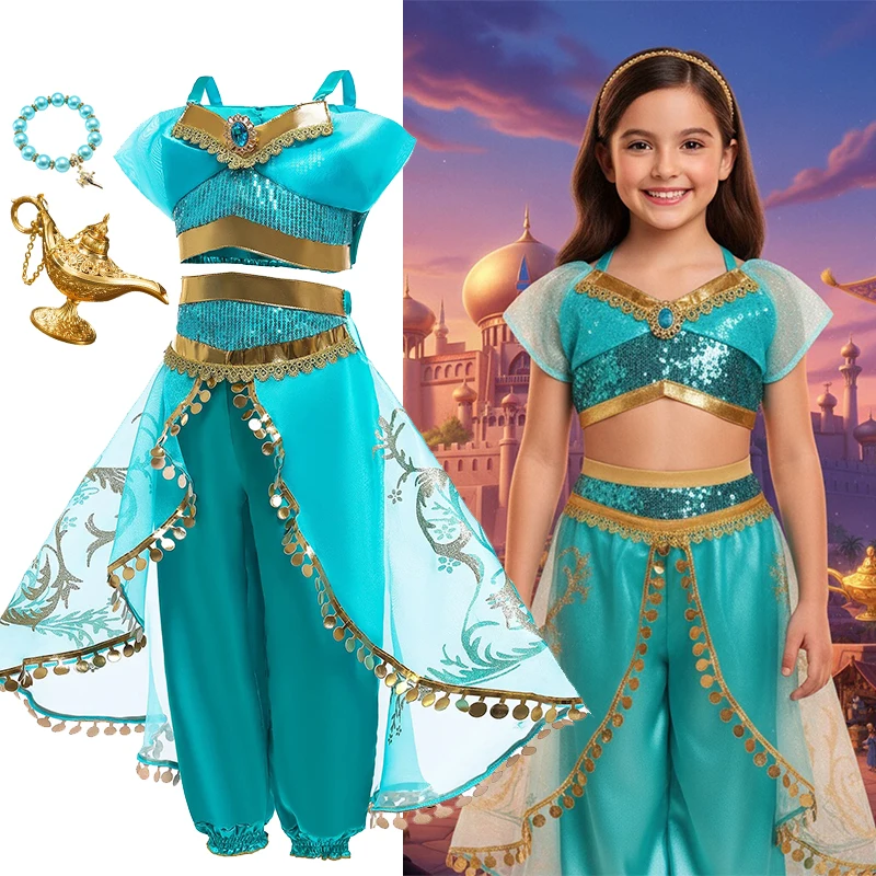 

Платье принцессы Жасмин для девочек, карнавальный костюм Аладдина с волшебной лампой, наряд для девочек, детские карнавальные танцевальные платья на Хэллоуин
