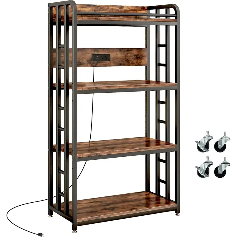 Microwave Stand with Storage 4 Tier Kitchen Bakers Rack with Power Outlet and USB Charging Ports Rolling Kitchen Cart with