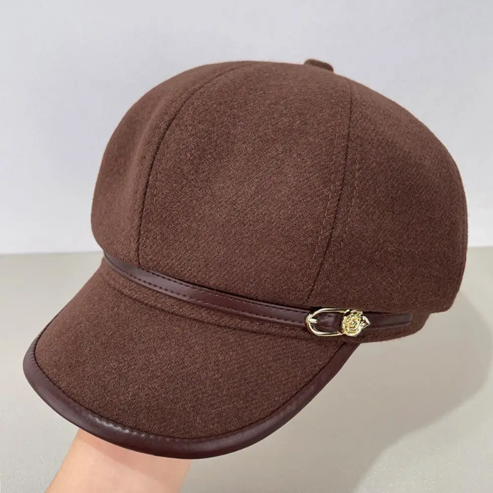 Modischer Britischer Stil PU-Leder Baskenmütze Braun mit Gürtelschnalle, Malerhut im Koreanischen Stil, Retro-Künstlerhut für Damen – Detail 10