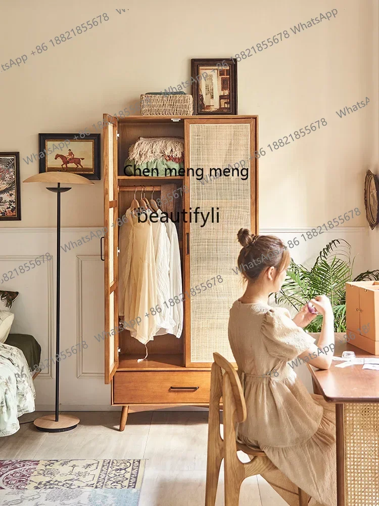 

Simple Solid Wood Wardrobe Nordic Home Bedroom Double Door Rattan Wardrobe Vintage Storage Cabinet