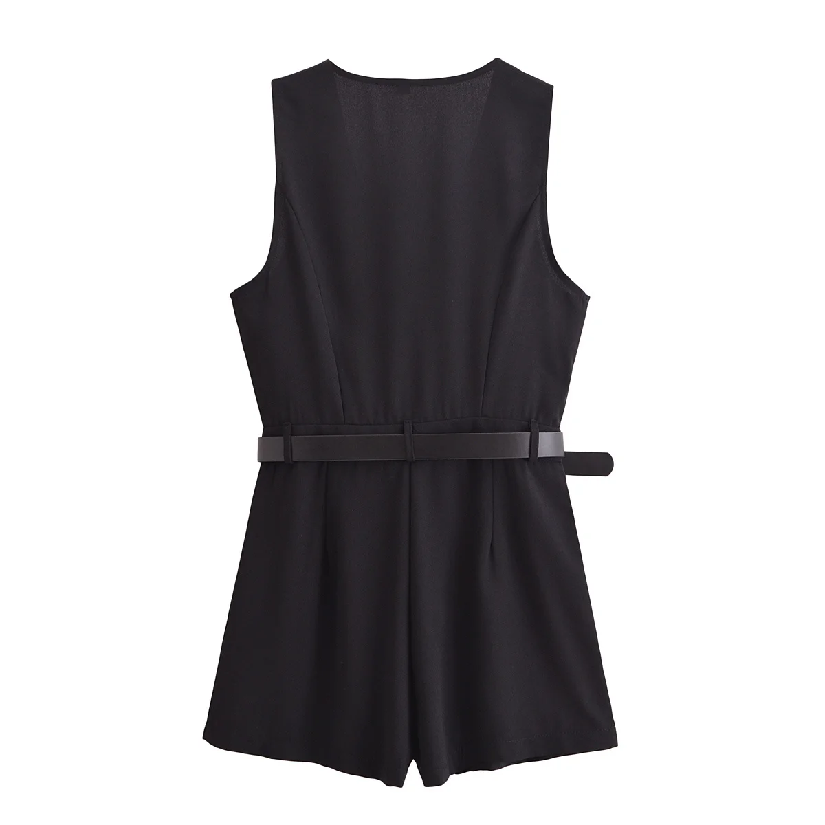 TRAFZA Women Sleeveless Side Zipper Belt Decorate Short Jumpsuit Summer Female Fashion Black Single-breasted V-Neck Jumpsuit