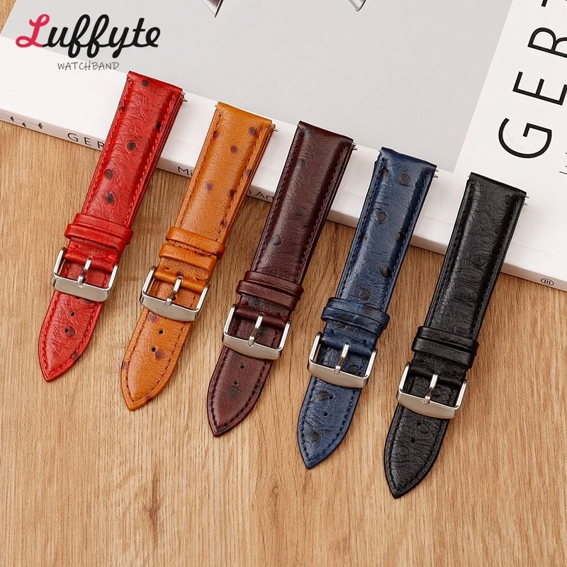 Ostrich Pattern Genuine Leather Strap 18mm 20mm 22mm Cowhide Strap Quick Release for Smart Watch Accessories Watchband