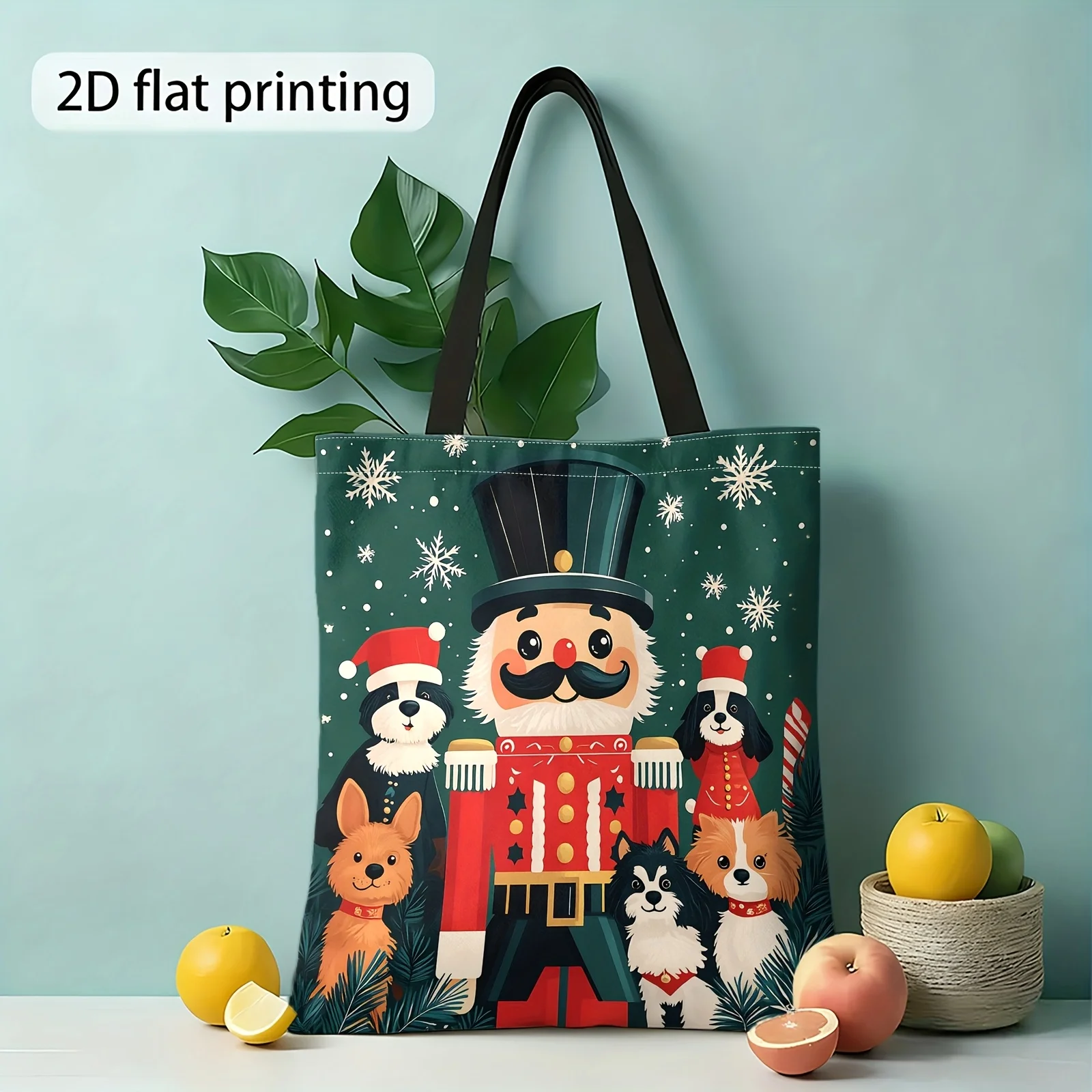 Christmas Nutcracker Dog Canvas Tote Bag Puppy Print Handbag Reusable Shopping Bag Large Capacity Shoulder Bag Holiday Gift