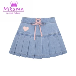 Harajuku Denim Mini Skirt Women High Waist Bow Lace-up Pleated Skirt Preppy Style Japanese Girl Kawaii Short Skirts Saia Female