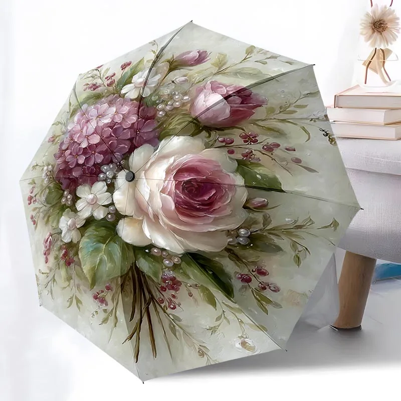 

Retro Floral Themed Folding Umbrella Fashion Auto-Open 8 Iron Ribs Plastic Handle Foldable Sunshade Perfect Christmas Gifts