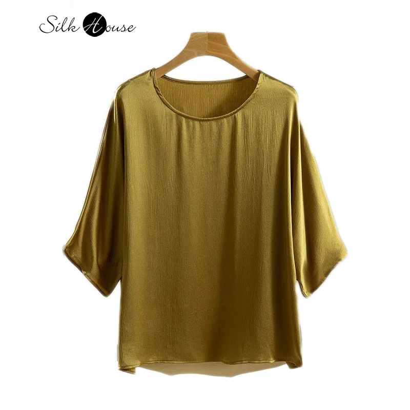 

Elegant and Smooth Nude Feeling 100% Natural Mulberry Silk Bark Crepe Batwing Sleeve Solid Color Loose Women's Casual T-shirt