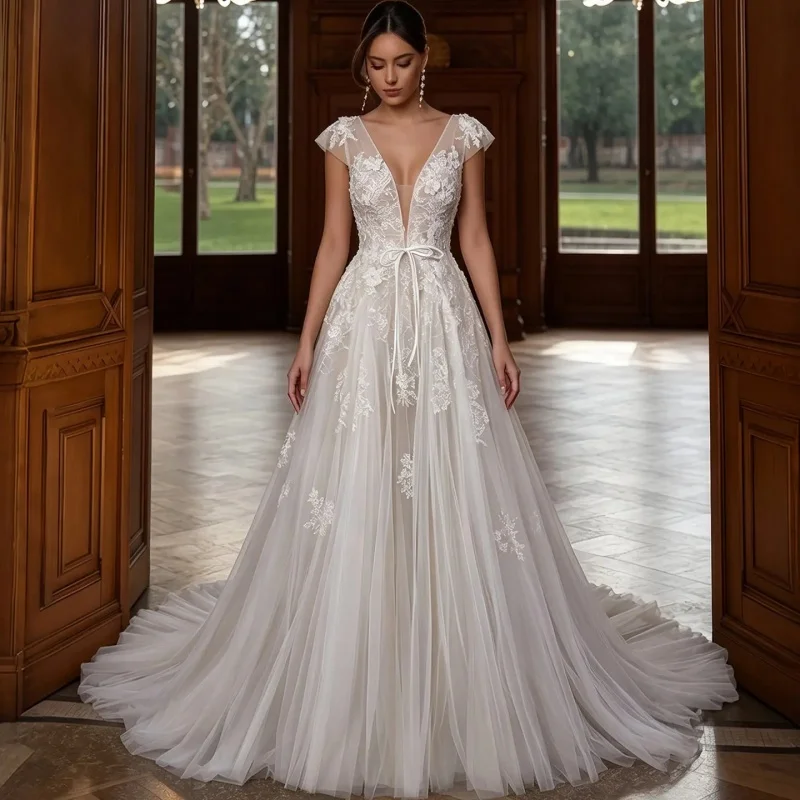 Deep V Lace A-Line Wedding Dress Cap Sleeves Satin Bow Tie at Waist Cascading Floral Lace Chapel Train Customizable