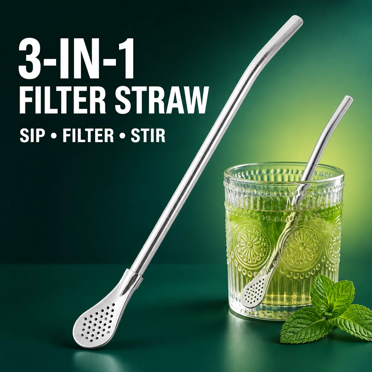 Stainless Steel Mate Bombilla Straw 3 in 1 Filter Spoon Reusable Tea Drinking Tube for Loose Leaf Tea Home Travel Camping