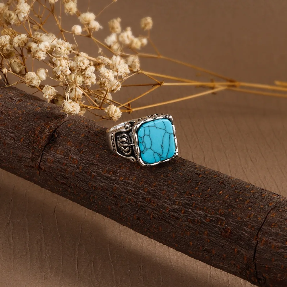 Trendy Antique Western Country Ring Aesthetic Alloy Turquoise Ring Oval Square Vintage Ring Boys