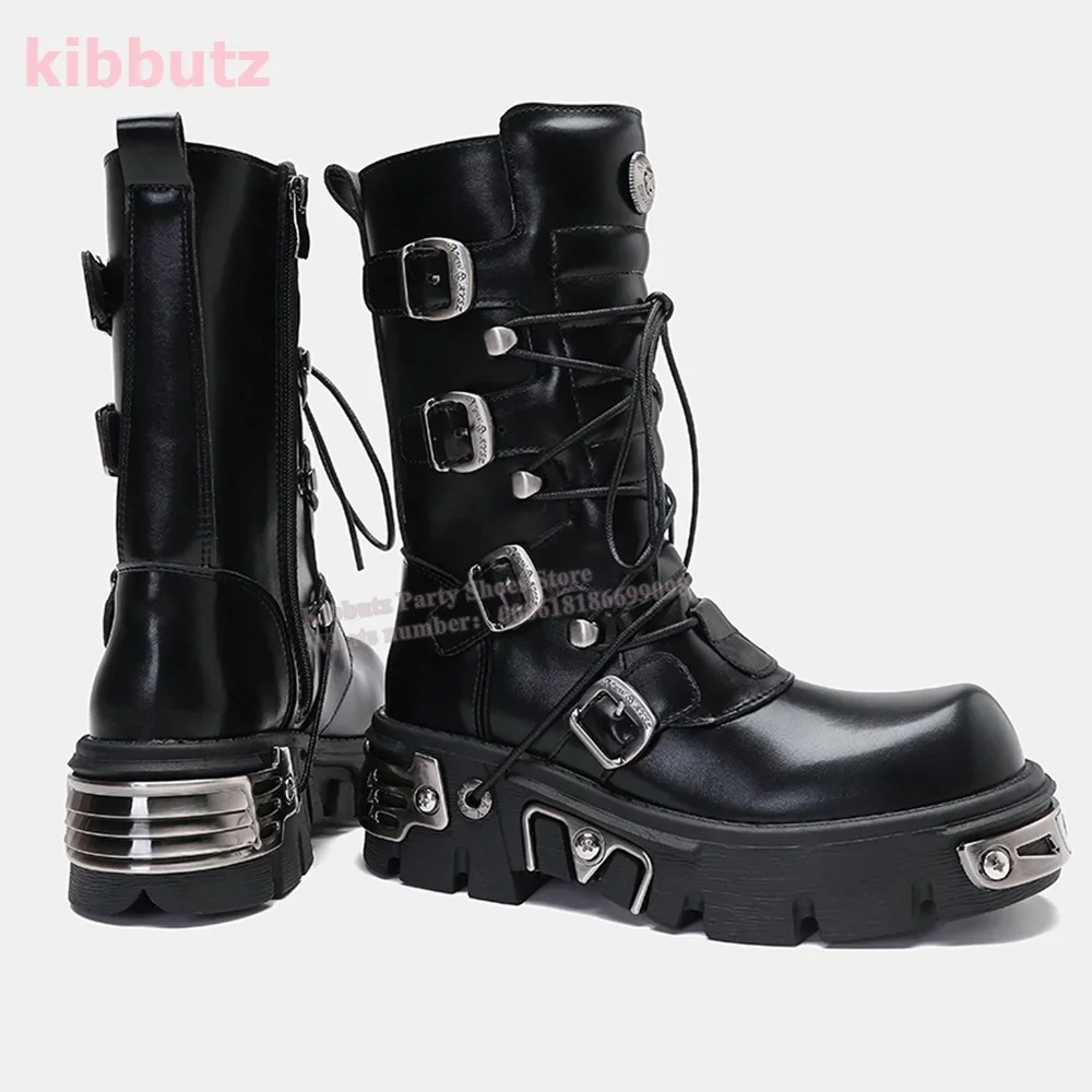 โลหะหนาด้านล่างกลางลูกวัวรองเท้าบูท Dark Rock Punk เข็มขัดหัวเข็มขัดรอบ Toe ความสูงเพิ่ม Lace - up Zipper รองเท้าแฟชั่นผู้หญิงใหม่ล่าสุด