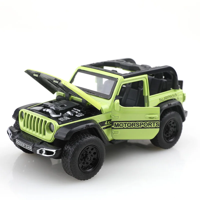 รถออฟโรดแบบเปิดประทุน (แบบมีถุง) ขนาด 1/36 รุ่น Wrangler ผลิตจากโลหะหล่อขึ้นรูป ของเล่นเด็กผู้ชาย เปิดประตูได้สี่บาน ฟังก์ชั่นดึงหลังเคลื่อนที่ได้