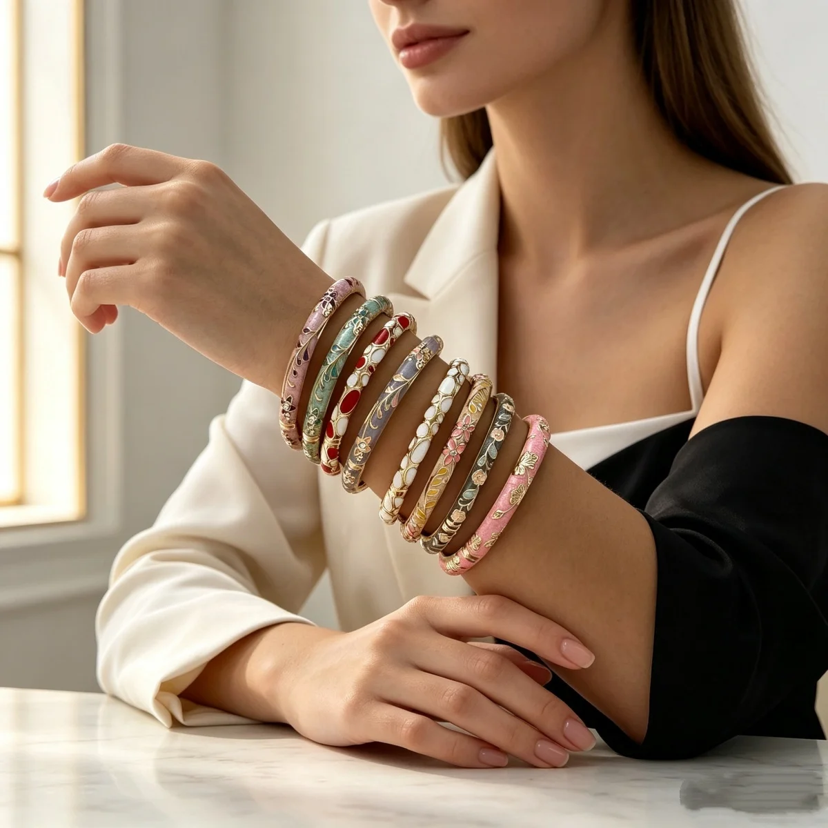 Mehrfarbige, mit tropfendem Öl bedruckte Blumen-Manschettenarmbänder für Damen und Herren, Vintage Boho Blatt Unregelmäßige Ovale Geometrische Armreifen Schmuck – Detail 11