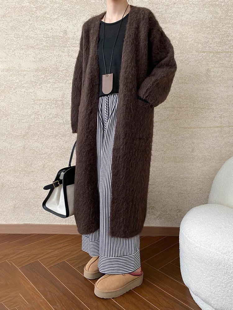 [LANMREM] Thick Warm Knit Cardigan Coats For Women Office Lady Long Outwear Minimalism Female Clothing 2024 Winter New 26C847