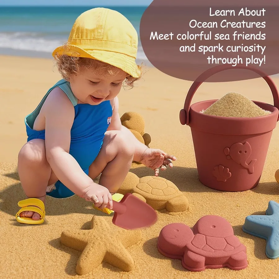 Silicone Beach Toys for Toddlers Travel Friendly Sand Toys for Babies 612 Months Collapsible Beach Bucket and Shovel Set with 6