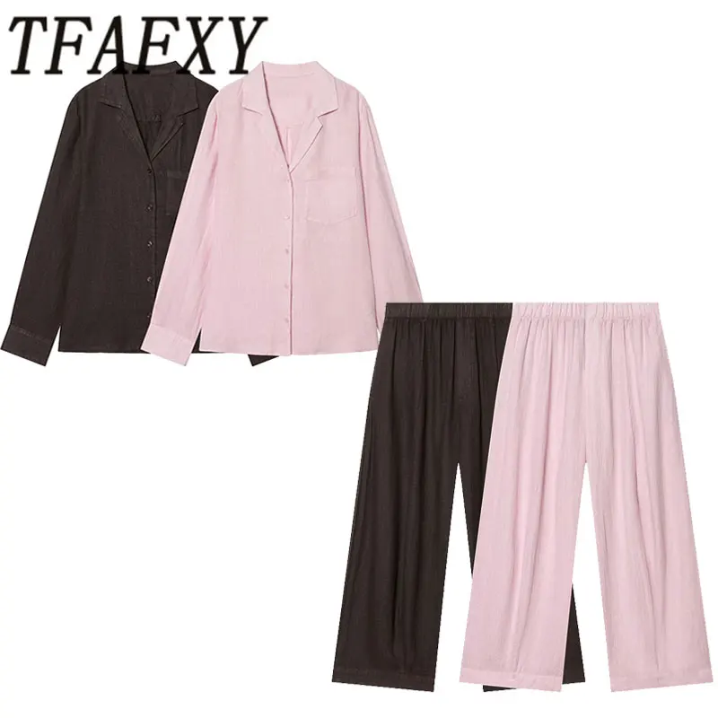 TFAFXY 2026 Sommer Damen-Sets: Einreihiges V-Ausschnitt Langarm-Shirt, Oversize-Bluse und Weite Hosenanzüge
