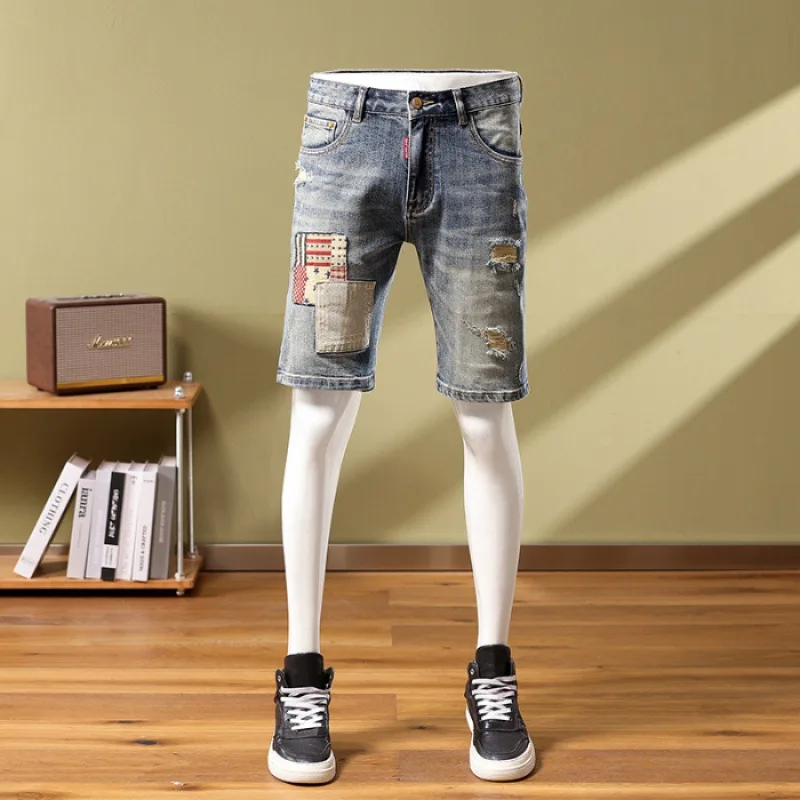 Jeans kurze Herren Nähte Patchwork zerrissen trend ige schlanke bestickte Persönlichkeit Street Retro Biker Mittel hose