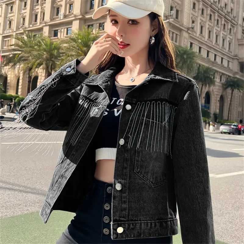 Otoño coreano Vintage azul cadena borla Denim chaqueta mujer suelta corta negro vaquero prendas de vestir bolsillo grande Jeans chaqueta abrigo Mujer