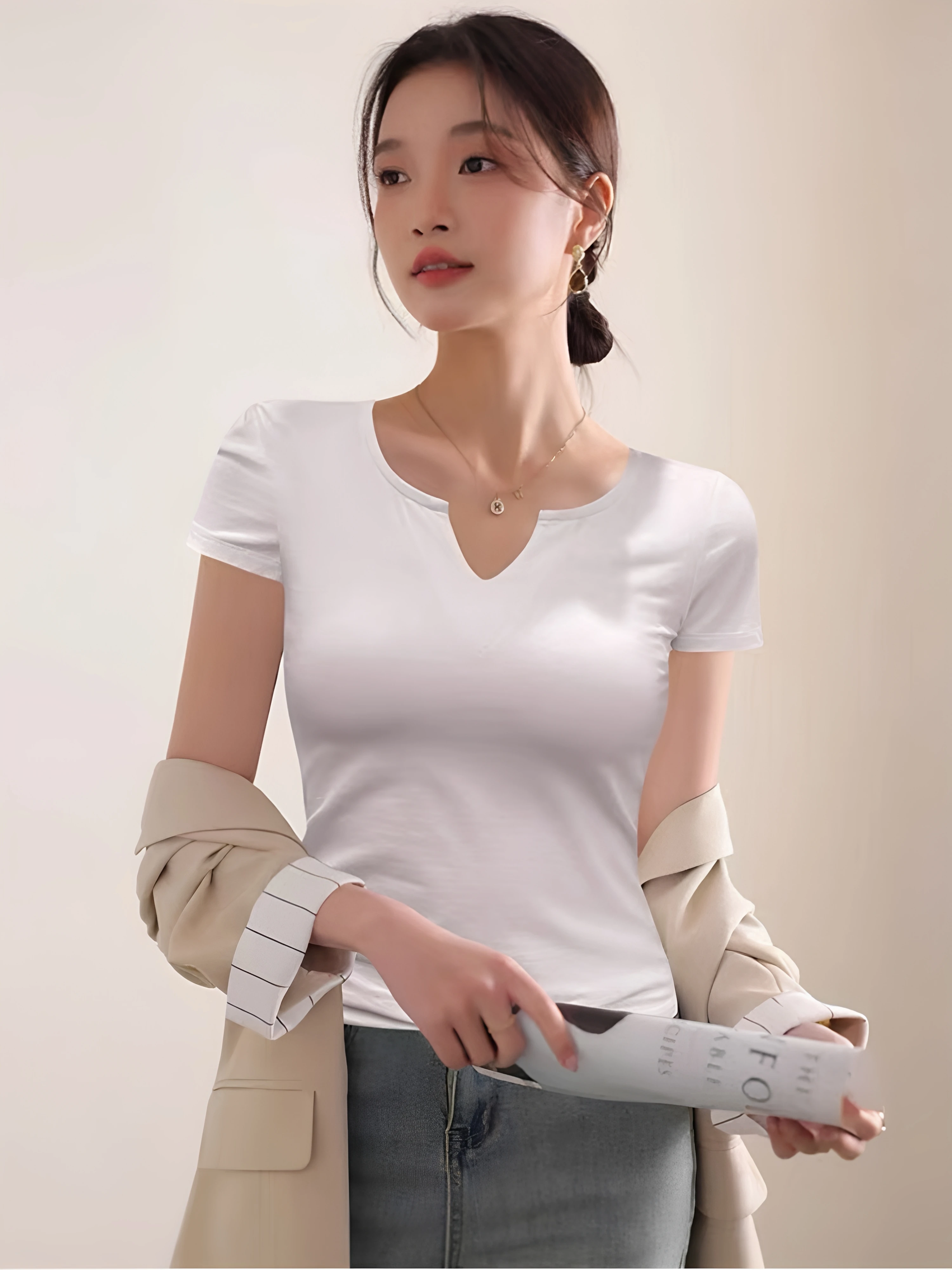 Slim Fit Short Sleeve T-Shirt Women's Summer Large Size Fat MM Low Collar Base Shirt Versatile  Color Slimming Top