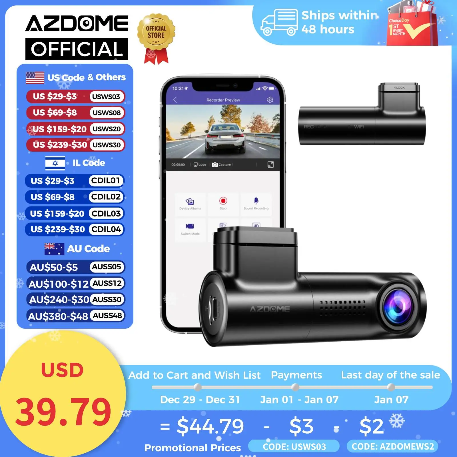 AZDOME M300 Dash Cam 1296P Car DVR Super Capacitor WiFi Dashcams Car Camera Night Vision G-Sensor 24H Parking Monitor