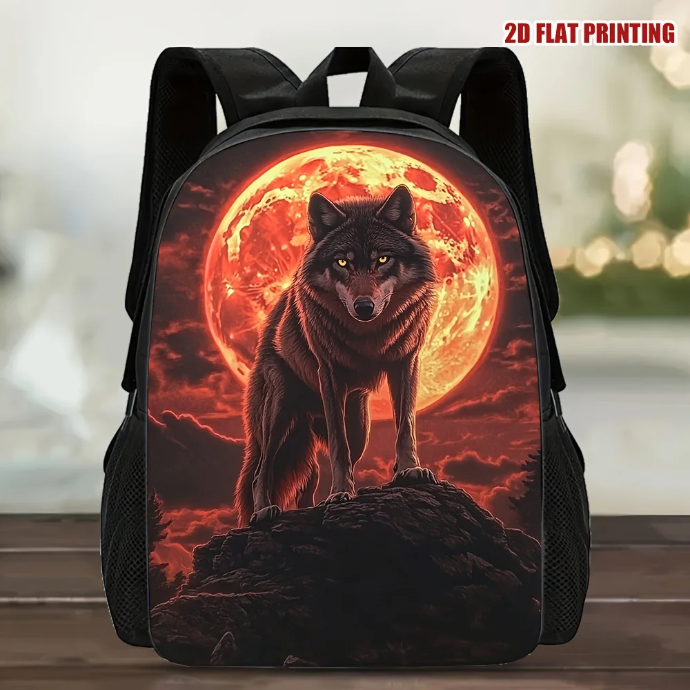 

1 Wolf Blood Moon Backpack - Black with red and orange wolf and glowing eye print, spacious and lightweight travel backpack