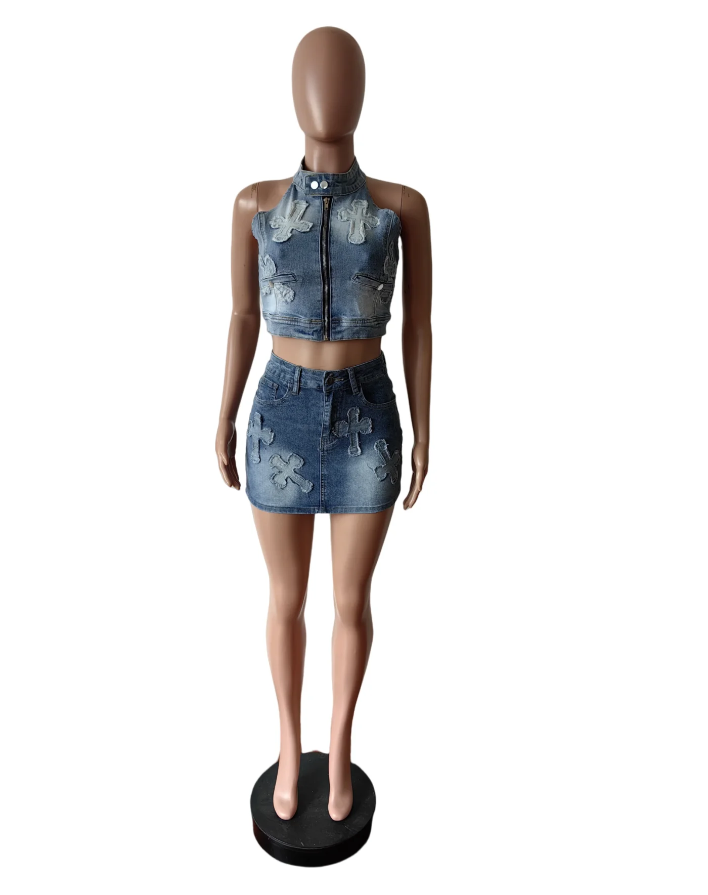 Summer stretch denim two pieces skirt set with halter denim tank top and mini denim skirt