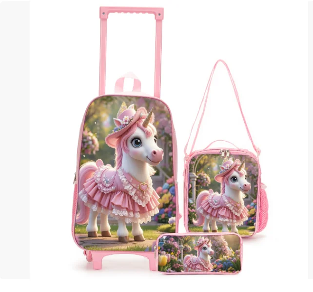 

Children Rolling Backpack for Kids Preschool Wheeled Backpack for Girls with Lunch Bag Pencil Case Kids Toddler bag with wheels