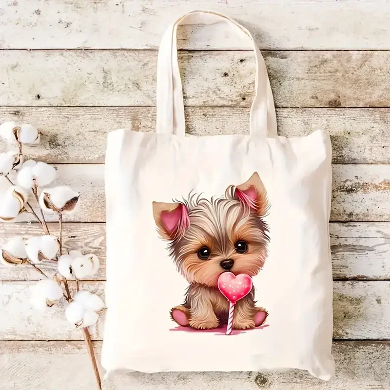 Shopping Bags Canvas Printing Playful Yorkshire Terrier Puppy Print Tote Bag Soft Handbag Daily Commute Daily Use