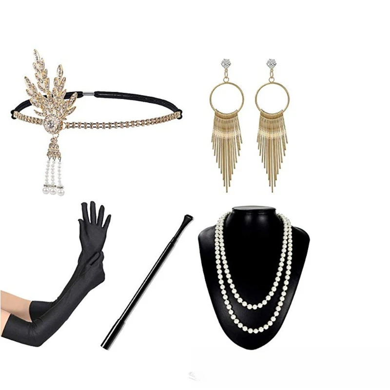 

1920s Flapper Girl Party Accessory Set - Adjustable Headpiece, Telescopic Cigarette Holder Pearl Necklace & Long Gloves Kit