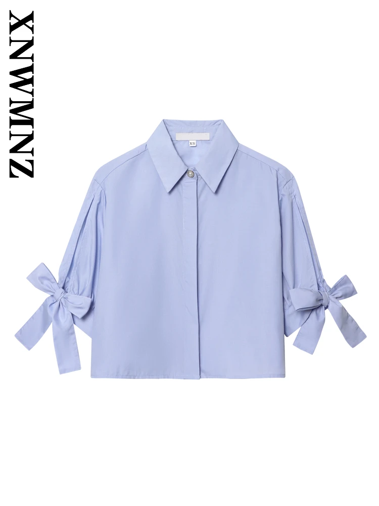 

XNWMNZ 2025 Summer Women Clothing Chic Fashion Short Sleeve Turn-down Collar Blouses Commuting Woman's Shirt Casual Bowknot