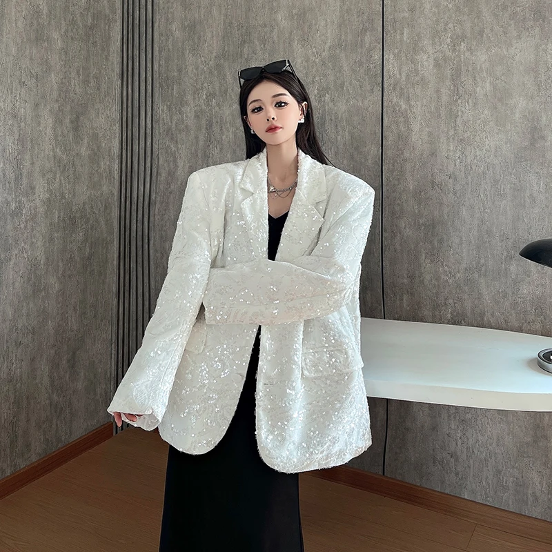 SuperAen Künstlerische Pailletten Kerb Anzüge für Frauen Design Herbst Neue Lange ärmeln Druck Oversize Lose Blazer