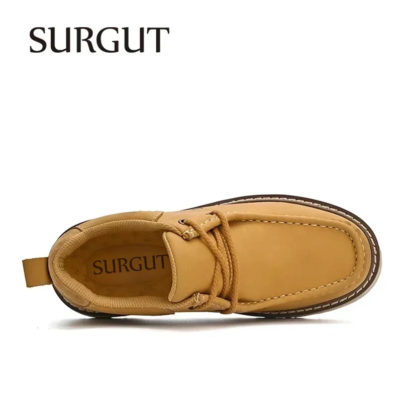 SURGUT Men Retro Casual Leather Flats 2026 New Fashion Handmade High Quality Lace-Up Casual Men Working Shoes Big Size 46