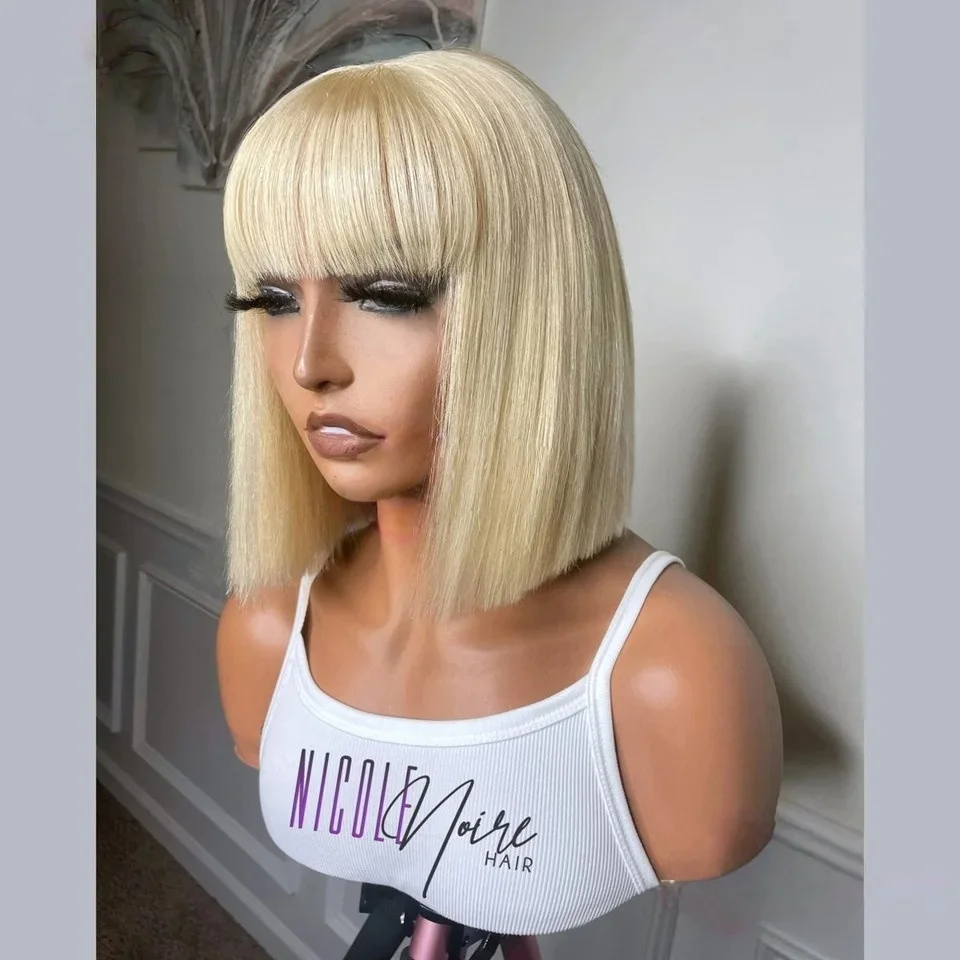 

Short Bob Straight Lace Front Wig With Bangs Blonde /Brown /Black 13X4 HD Lace Frontal Wig Synthetic Heat Resistant PrePlucked