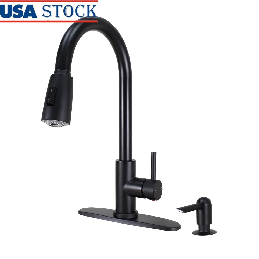 

High Spout Pull Down Kitchen Faucet with Soap Dispenser Single Handle Matte Black Easy Installation 360 Degree Swivel Spray