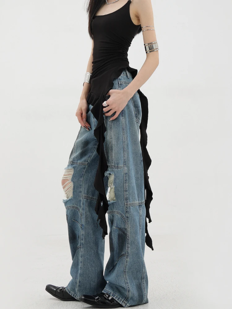 

Y2k Women Blue Ripped Jeans Baggy Harajuku Vintage Aesthetic 2000s Trashy Oversize Denim Trousers Streetwear Wide Leg Pants