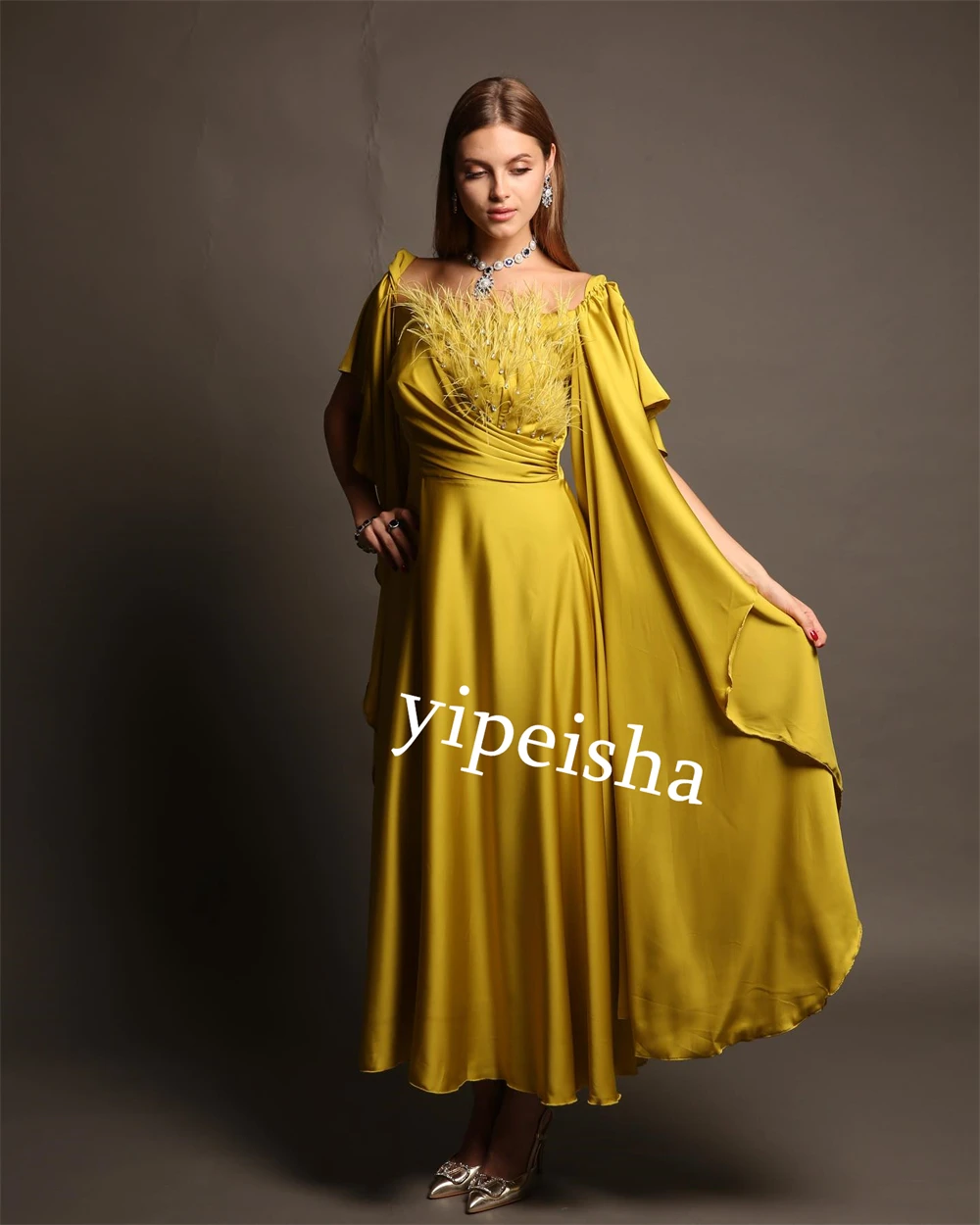 Jiayigong  Charmeuse Feather Clubbing A-line Square Neck Bespoke Occasion Gown Midi Dresses Saudi Arabia