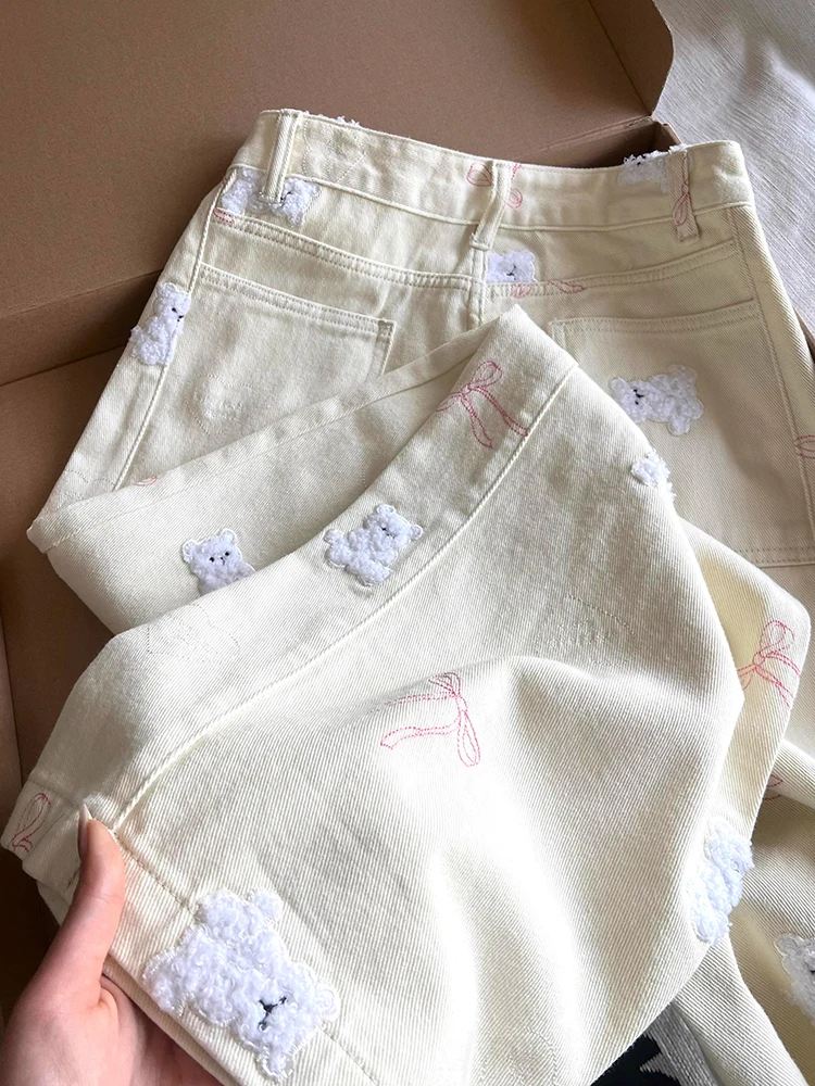 Dopne Cartoon-Bär Bestickte Hochgeschnittene Loose-Fit Schlankmachende Weite Jeans Frühling Herbst Design Casual Hosen