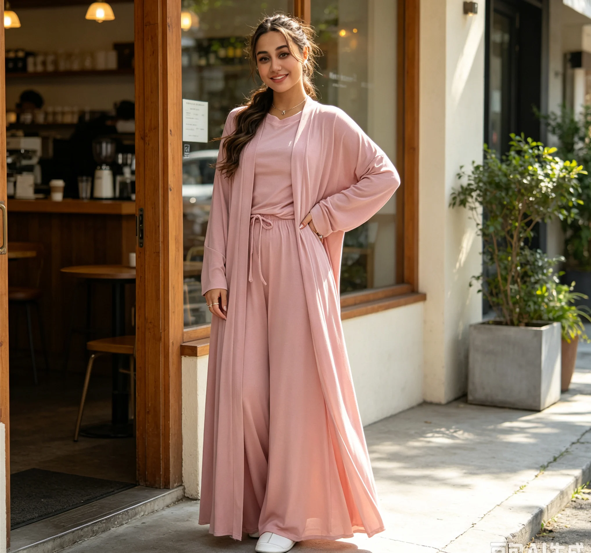 Eid Ramadan Muslim Women 3 Pieces Outfit Set Long Open Cardigan Tank Top High Waist Wide Leg Pants Casual Modest Loungewear Suit