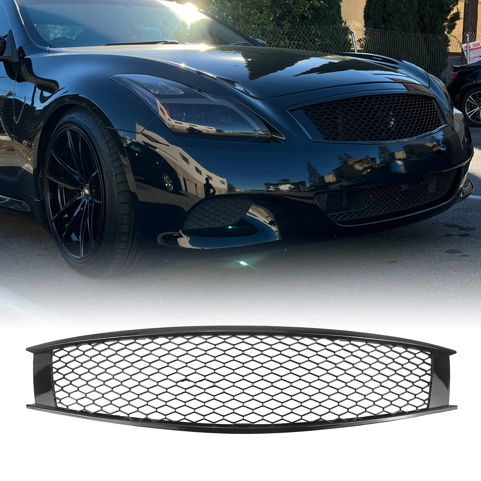 

Racing Grills For Infiniti G37 2 Door Coupe 2008-2013 Q60 Front Grille Glossy Black Honeycomb Style Upper Bumper Hood Mesh Grid