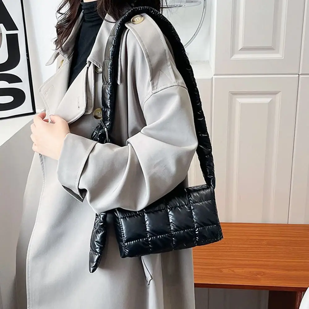 Fashion Quilted Tote Bag Lightweight Winter Warm Down Cotton Padded Plaid Shoulder Bag Women Underarm Bags Puffy Handbags